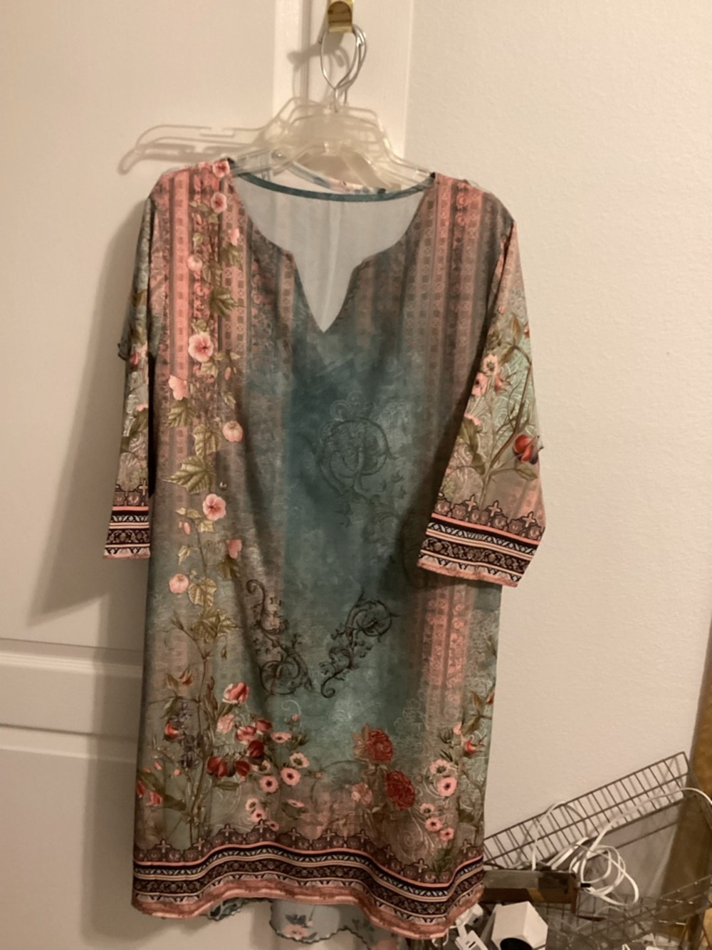 Floral Boho Tunic Dress in Teal and Dusty Pink